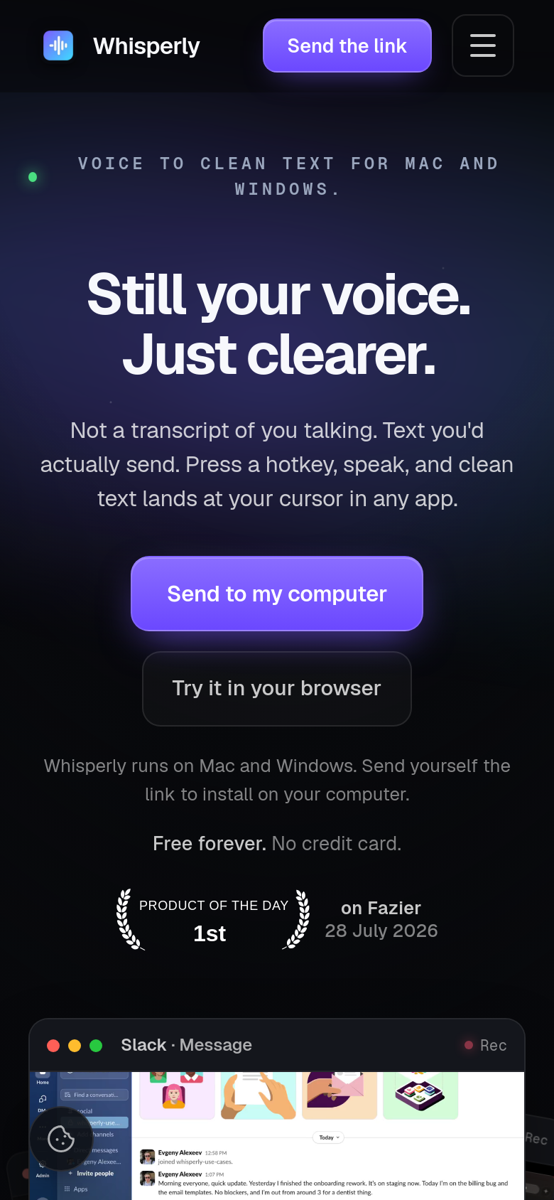 whisperly.io mobile capture of the first page