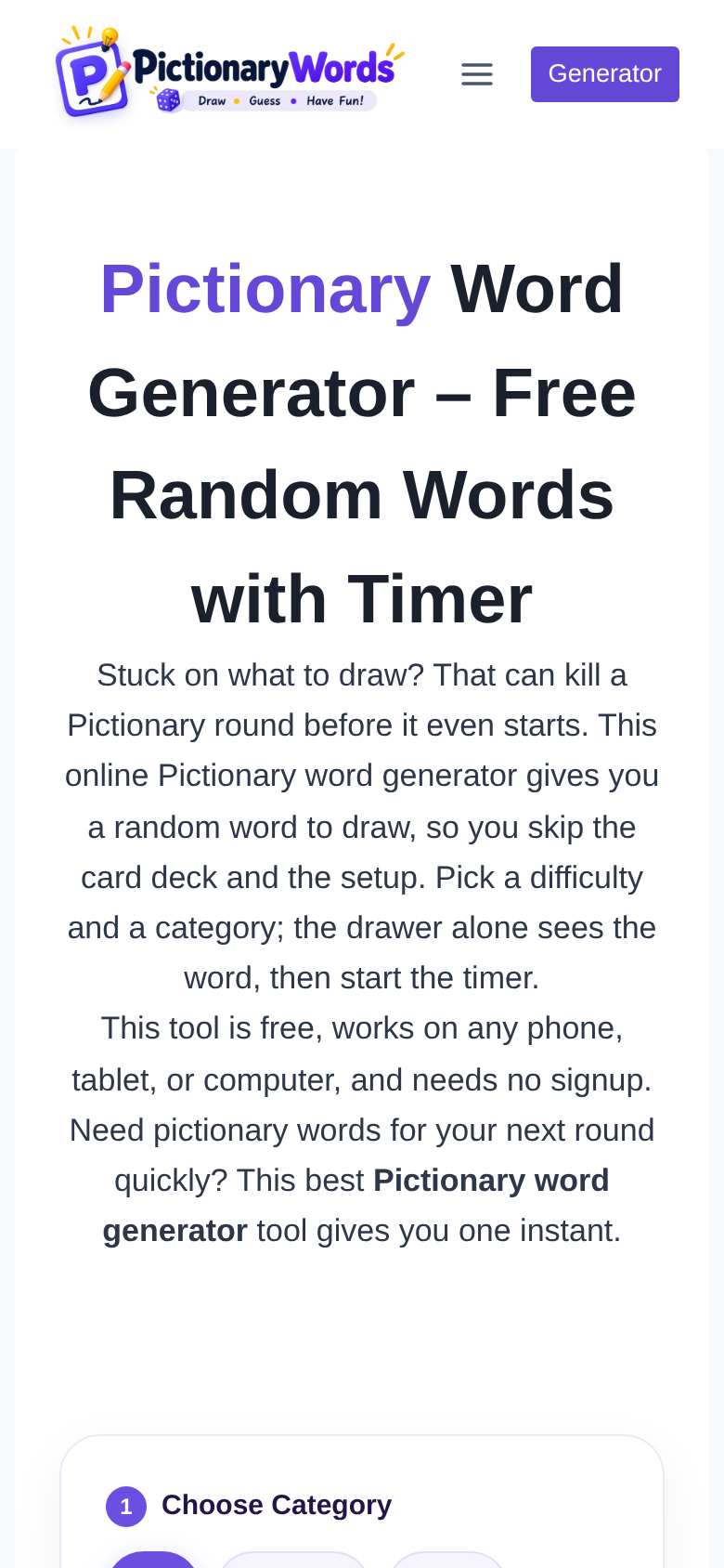 wordgeneratorpictionary.com mobile capture of the first page