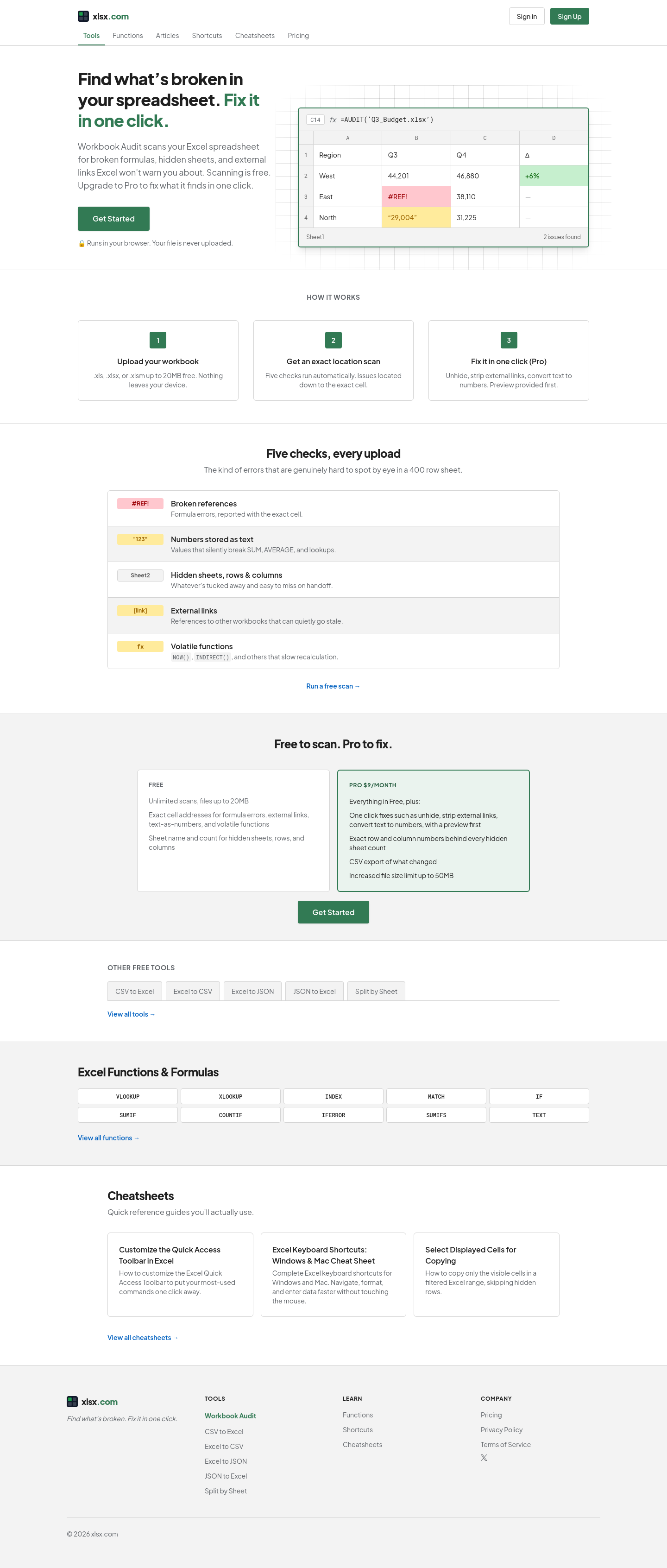 Nav section of xlsx.com