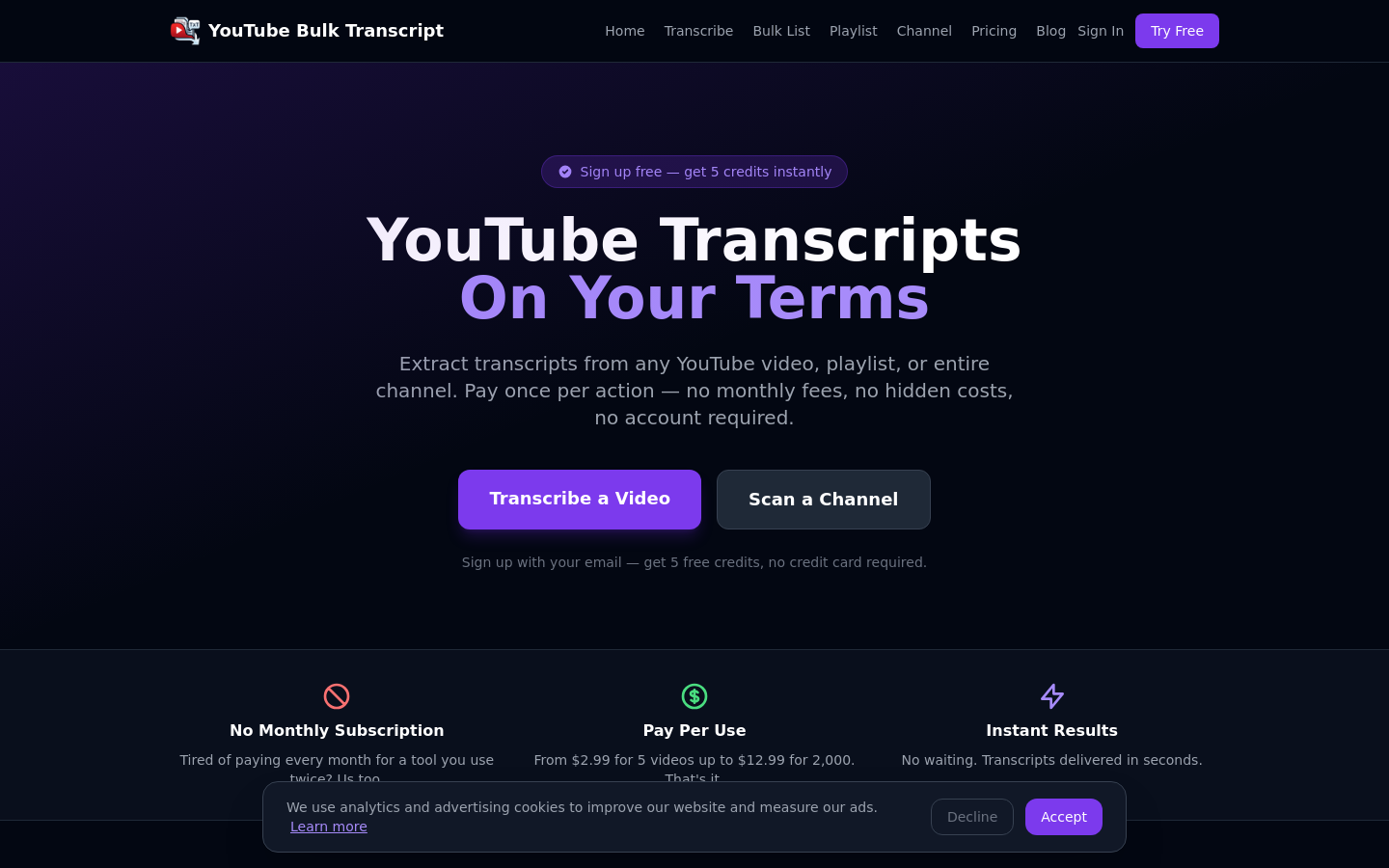 Above-the-fold capture of ytbulktranscript.app